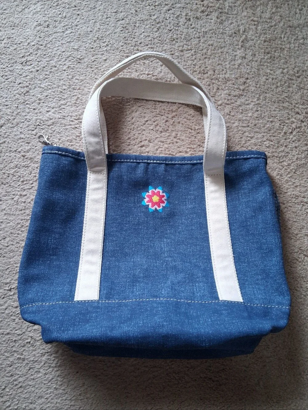 Lands' End Medium 5 Pocket Open Top Tote Monogram Anne Flower Denim Blue Canvas